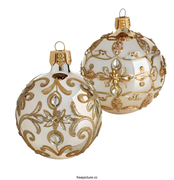 [Transparent Background PNG]White and Gold Christmas Ornaments with Glitter