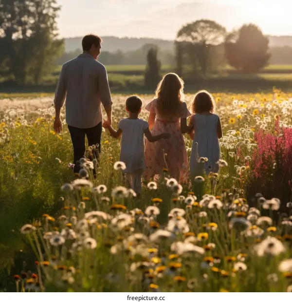 Family of four walking in a field of flowers during sunset