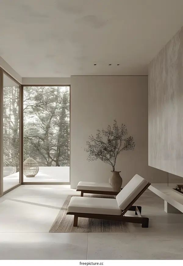 Minimalist Living Room with White Loungers and Natural Light