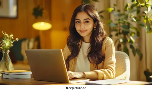 Young Woman Working on Laptop at Home