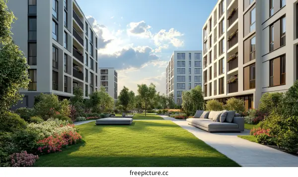 Modern Apartment Complex Courtyard Scene