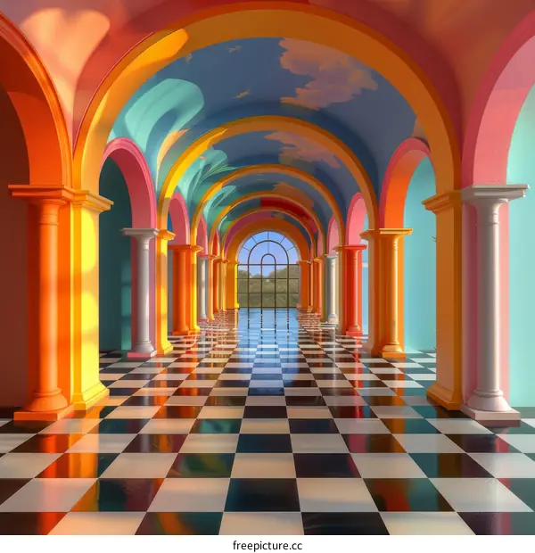 Surreal Colorful Hallway with Blue Sky and Clouds