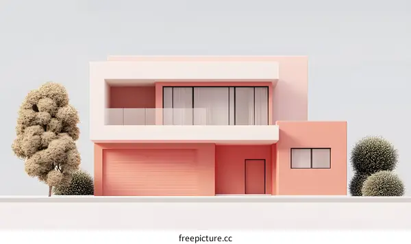 Modern Minimalist House Exterior with Pink Walls and White Trim