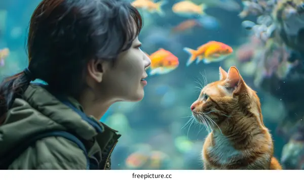 A ginger cat and a woman are looking at the fishes in an aquarium