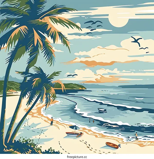 Tropical Beach Scene with Palm Trees and People
