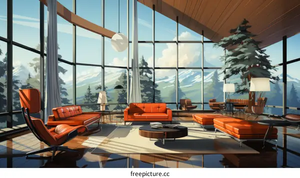 Retro home interior with orange furniture and huge windows