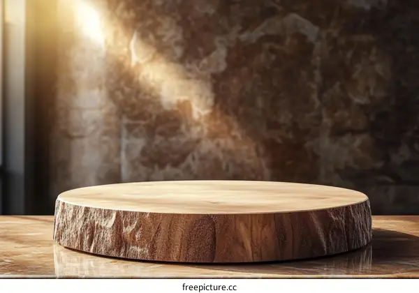 Wooden Round Cutting Board Display on Marble Table Top