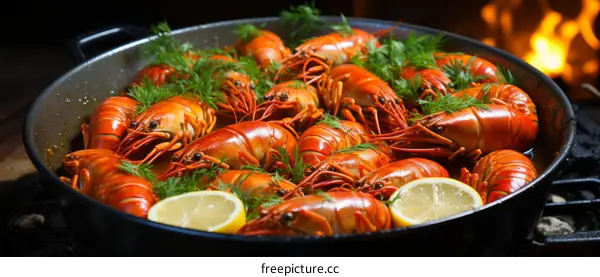 A delicious plate of crayfish with lemon and dill