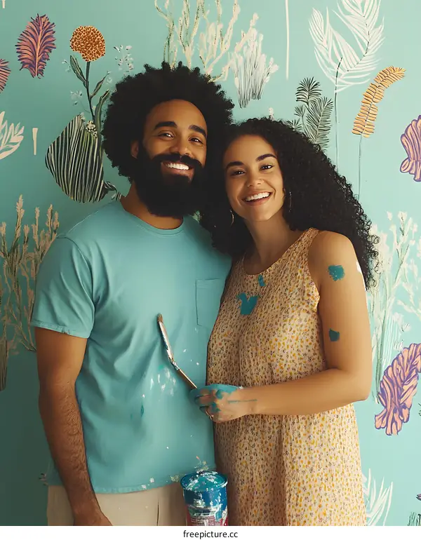 Happy Couple Painting Their Home Decor