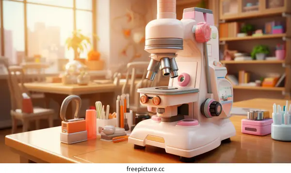 Pink Microscope Close-Up in a Classroom