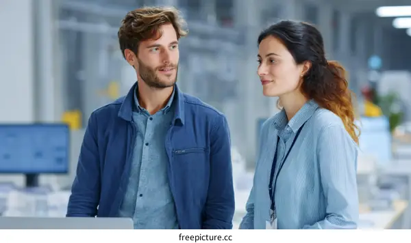 Two Colleagues Discussing Project in Modern Office Setting