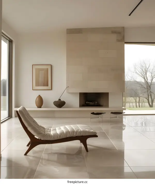 Modern Minimalist Living Room with Fireplace and Large Windows