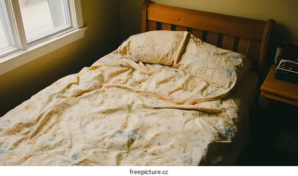 Unmade Bed with Colorful Patterned Sheets