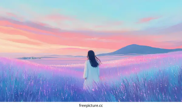 A Woman in a Lavender Field at Sunset