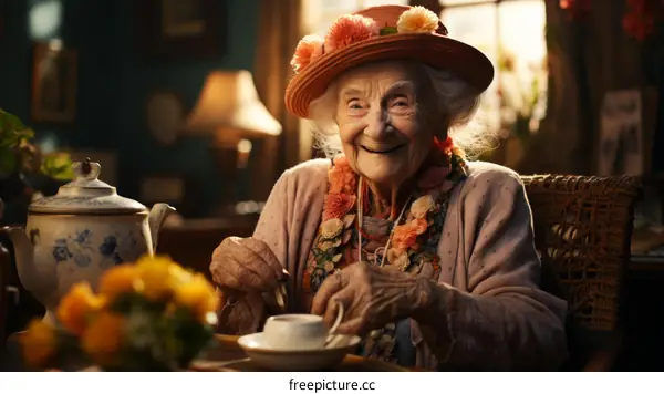 Smiling Elderly Woman Drinking Tea