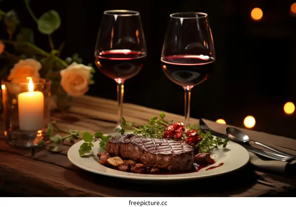 A delicious steak dinner with two glasses of red wine.