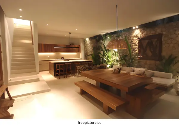 Modern Minimalist Home Interior Design With Wooden Table And Bench