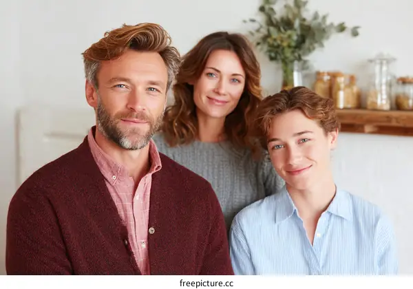 Portrait of a happy family standing together in a cozy home setting