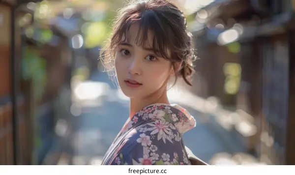 Young Asian Woman in Kimono Standing on Traditional Japanese Street