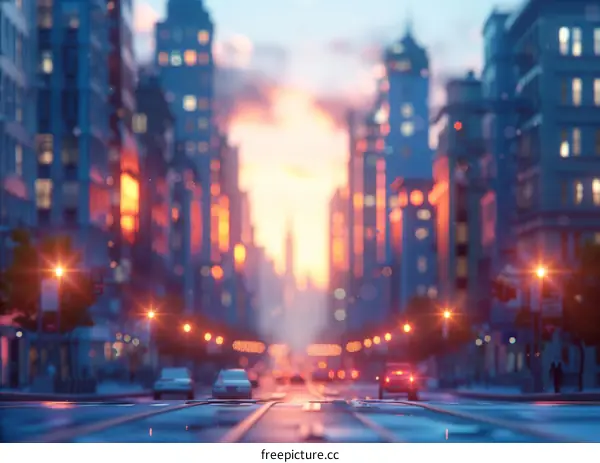 City Street at Sunset with Blurry Buildings
