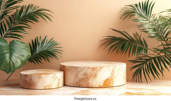 Beige Marble Display Podium with Tropical Plants