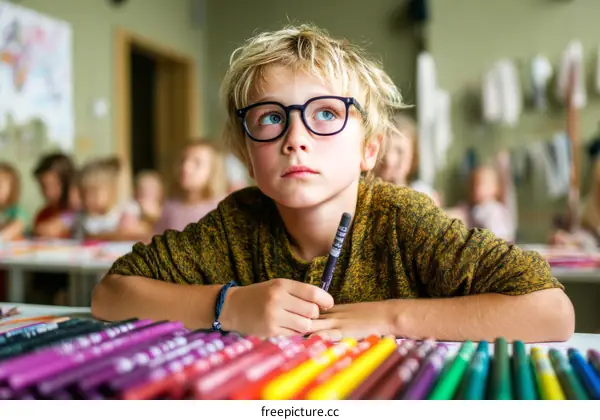 Focused Child in Classroom, Studying and Learning