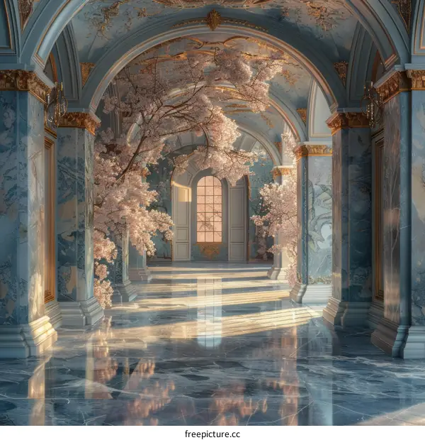 A Grand Hallway With A Window And Cherry Blossom Tree