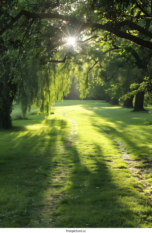 The sun shines through the trees in the park