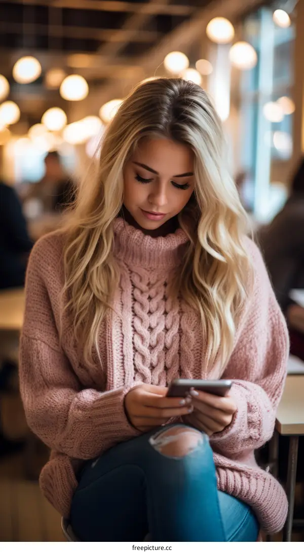Young woman in a pink sweater looking at her phone