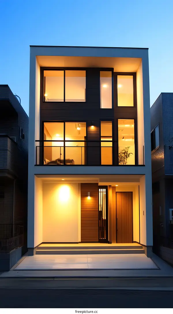 Modern White House with Wooden Accents and Large Windows at Dusk
