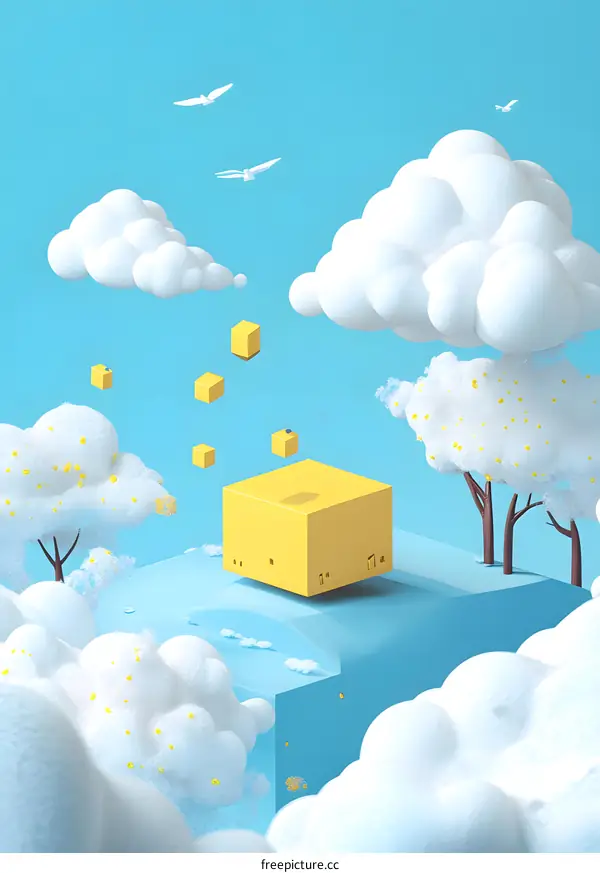 Abstract Yellow Cube Floating In A Blue Sky With Clouds And Birds