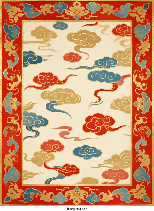 Traditional Chinese Cloud Pattern Decorative Rug with Red and Gold Borders