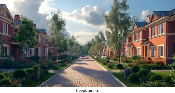 Suburban Street with Brick Houses and Green Trees