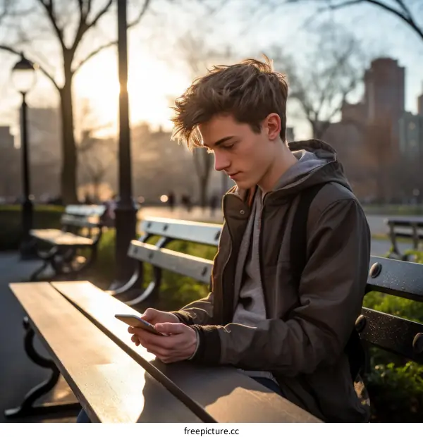 Young man sitting on a bench in a park, looking at his phone
