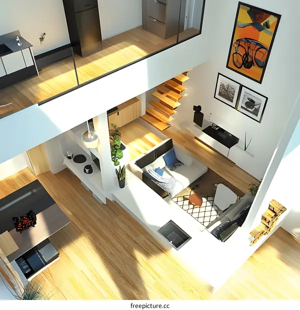 Modern Loft Apartment Interior Design with Wooden Floors and Staircase