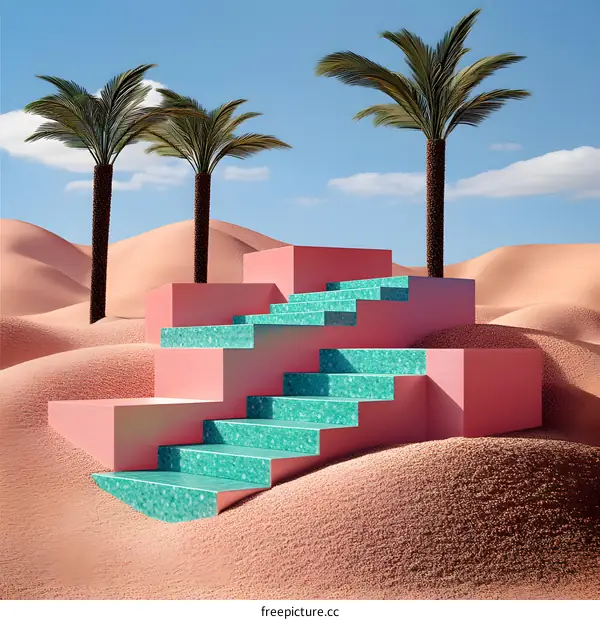 Abstract 3D Render of Pink Steps in Desert