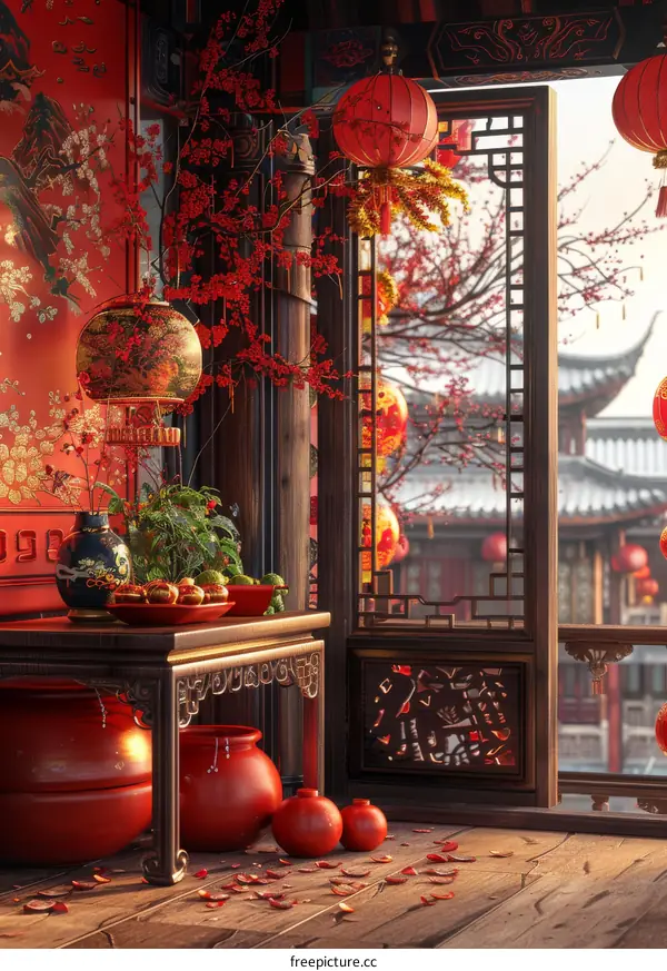 Festive Chinese Room Decor with Red Lanterns and Flowers