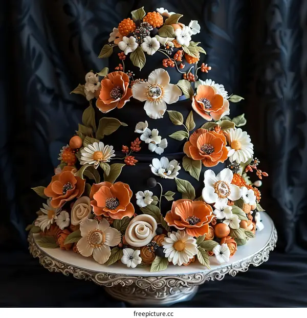 Three Tiered Orange and White Floral Black Wedding Cake