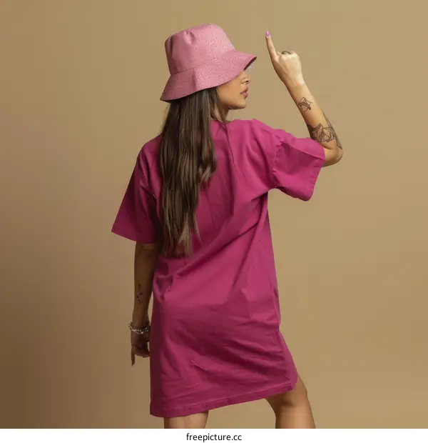 A woman wearing a pink bucket hat and a pink t-shirt dress