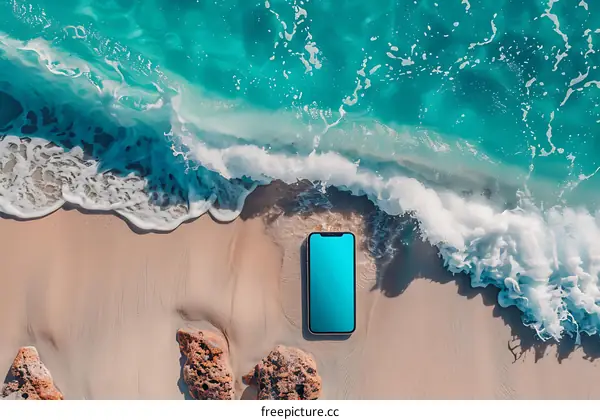 Smartphone on the Beach with Sea Water