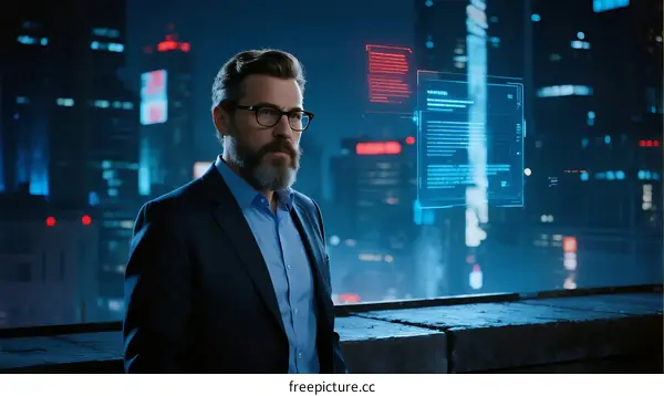 Mature Man in Suit Standing in Front of Futuristic City