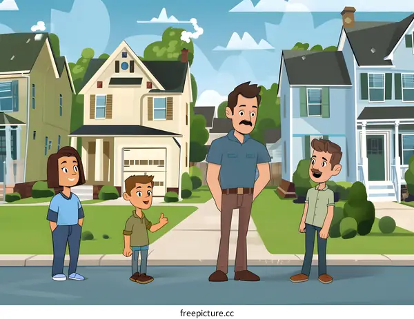 Cartoon Family Standing on a Street