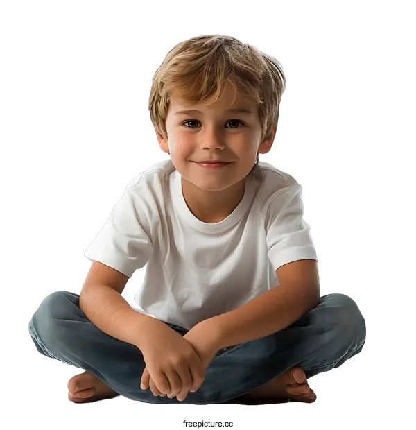 [Transparent Background PNG]Young Boy Sitting with Legs Crossed Wearing White Shirt and Jeans