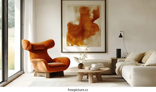 Modern Living Room with Orange Armchair and Abstract Art