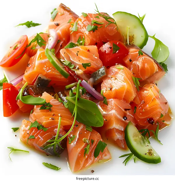 diced raw salmon with cucumber, tomato and onion