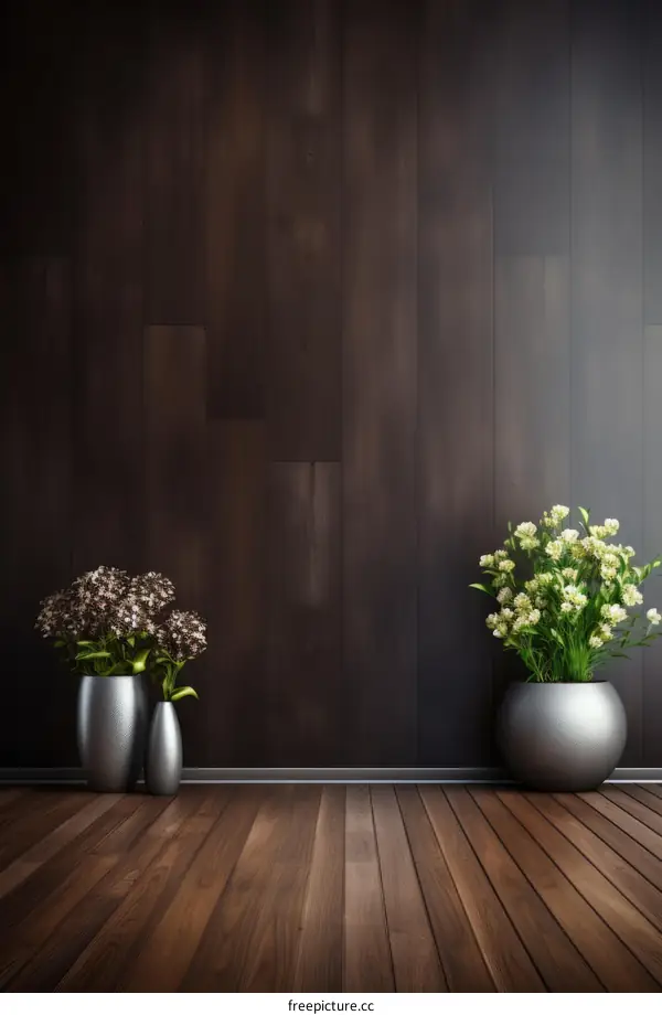 Two Vases of Flowers Against a Dark Wood Wall