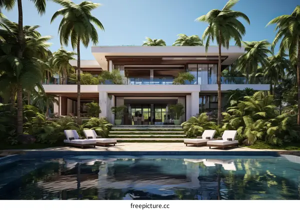 Modern Villa with Swimming Pool and Palm Trees