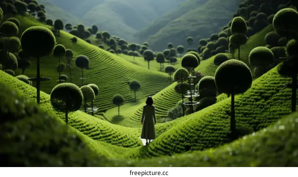A woman standing in a lush green tea plantation