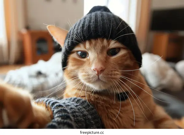 ginger cat wearing a black beanie