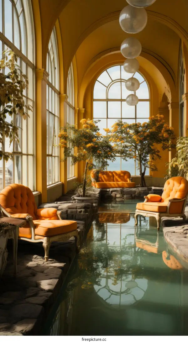 Luxury Yellow Living Room with Lake View and Reflection Pool